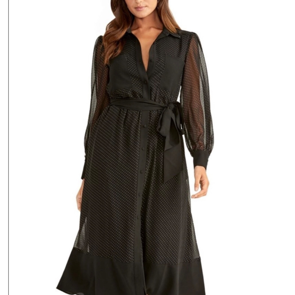 Rachel Roy Black Sheer Arm Gold Dot Midi Dress Size 8